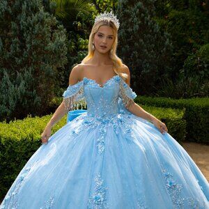 New Elegant Gown w/ Back Ribbon Floral Applique & Rhinestones Embroidery GL3525